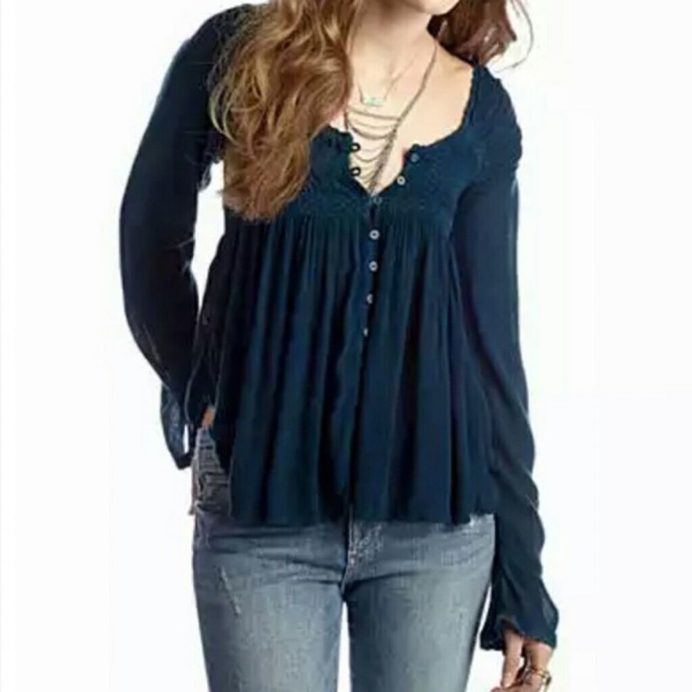 Free People Teal Blue Bird high-low Tunic Medium - Picture 2 of 9